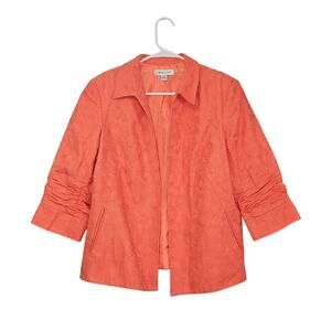 Coldwater Creek Jacket Women's Size 14 Large Orange Embossed Cotton 3/4 Sleeves
